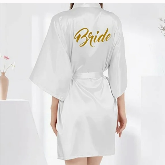 WHITE SILKY BRIDE ROBE WITH GOLD LETTERING ON THE BACK OS - Picture 1 of 6